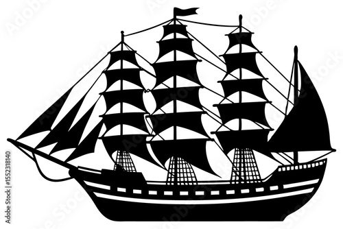 Classic Sailing Ship with Three Masts Vector Silhouette