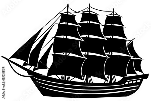 Clipper Ship with Full Sails in Wind Vector Silhouette
