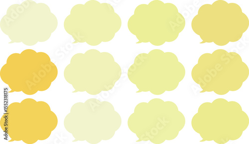 All the bubbles have a distinctive, rounded, cloud-like, or scalloped edge design. This vector image features twelve speech bubbles.　Yellow and orange color.