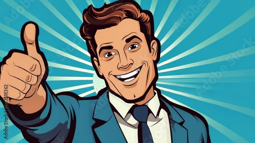 Thumbs Up of Approval: A stylized, animated man in a suit, giving a confident 