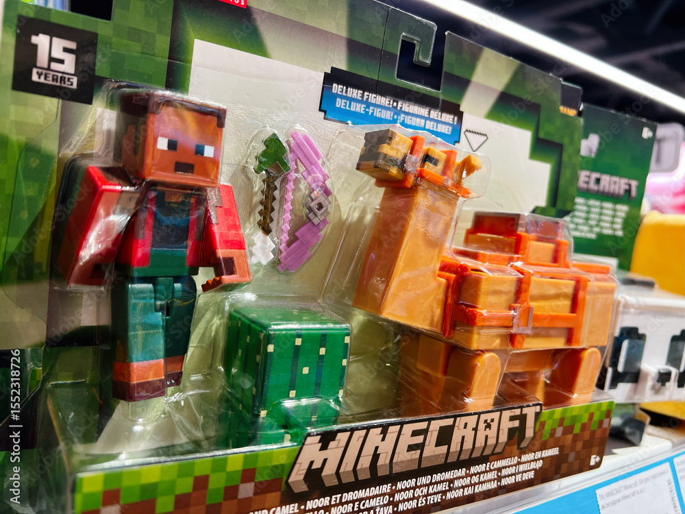 Fototapeta premium Minecraft merchandise featuring collectible figures in toy store packaging