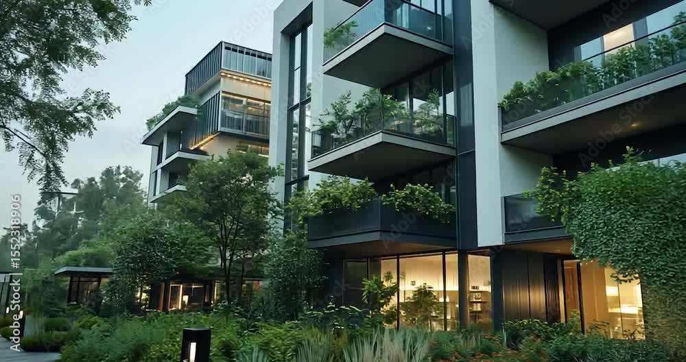 Video footage of a serene apartment complex at dusk with lush greenery a pathway and soft lighting emphasizing the peaceful atmosphere