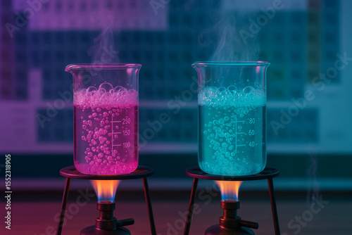 Bubbling Beakers with Colorful Liquids on Bunsen Burners in Chemistry Lab.