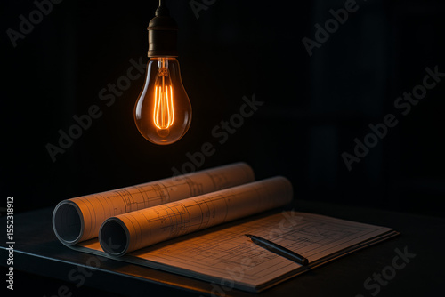 Glowing Edison Bulb Illuminates Rolled Engineering Blueprints on Metal Table in Dark Workshop.