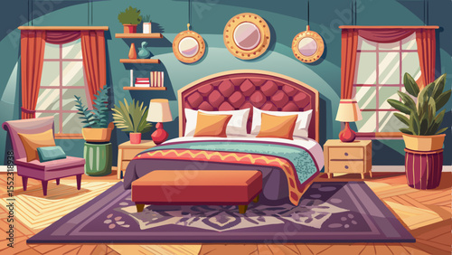 A cozy bedroom with a soft upholstered bed frame, plush pillows, and a patterned rug