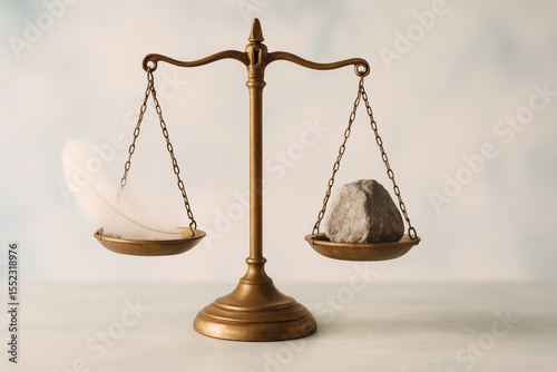 Feather and Stone Balanced on Antique Brass Scale in Gentle Daylight.