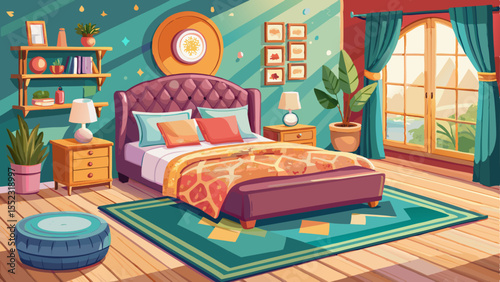 A cozy bedroom with a soft upholstered bed frame, plush pillows, and a patterned rug
