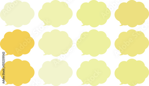 All the bubbles have a distinctive, rounded, cloud-like, or scalloped edge design. This vector image features twelve speech bubbles.　Yellow and orange color.