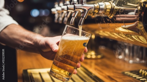 Male bartender pouring draft beer from tap in lively bar setting