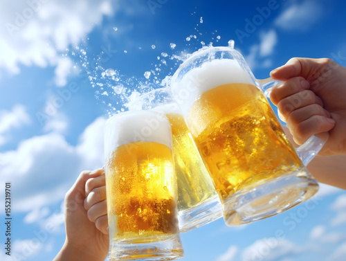 青空の下で豪快に乾杯する冷たいビールジョッキ