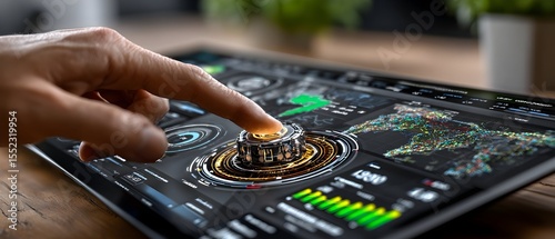 Finger adjusts digital interface, office background