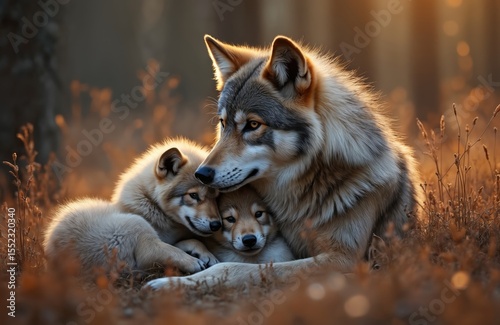 Grey mother wolf with cubs in warm sunlight. Wild wolf family with puppies cuddling together in den. Animal love care, motherhood, wildlife concept. Cozy scene, beautiful moment in nature.