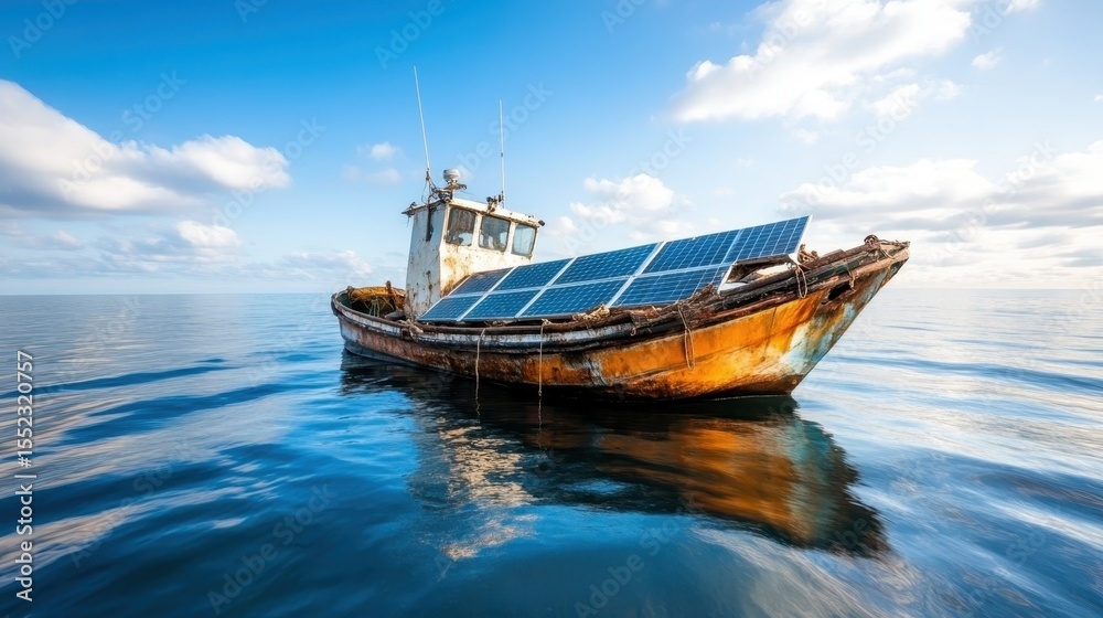 Fototapeta premium An old fishing boat equipped with solar panels floats serenely on a calm ocean, highlighting innovation and sustainability in marine environments and energy sources.