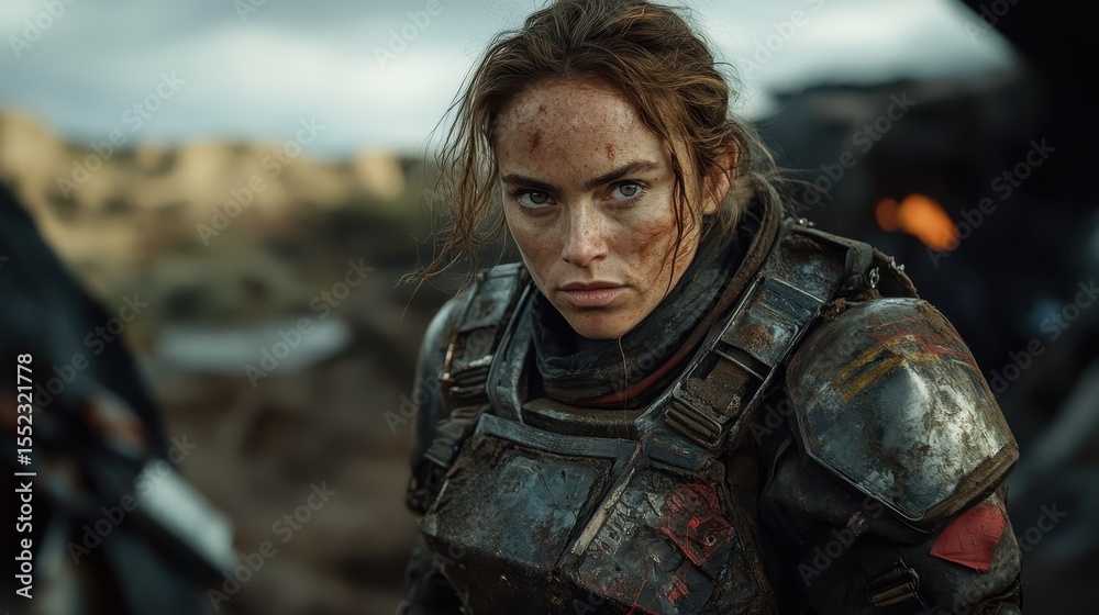 Fototapeta premium A fierce woman stands against a barren landscape in battle armor, showcasing strength and determination amidst chaos, symbolizing resilience and the fight for survival.