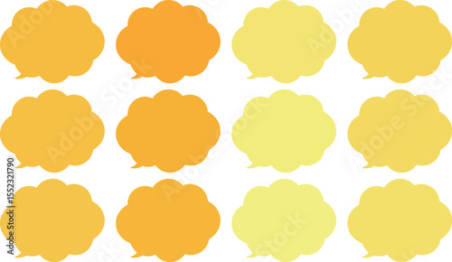 All the bubbles have a distinctive, rounded, cloud-like, or scalloped edge design. This vector image features twelve speech bubbles.　Yellow and orange color.