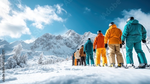 A lineup of skiers preparing for an adventure on snowy slopes embodies the thrill of winter sports, showcasing vibrant colors against a backdrop of majestic snow-capped mountains.