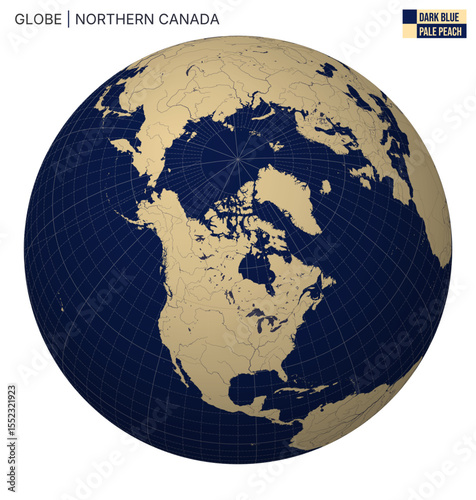 Vector Globe centered to Northern Canada. Dark Blue Pale Peach palette. World map with meridians, parallels, countries, rivers and lakes. Artistic vector illustration.