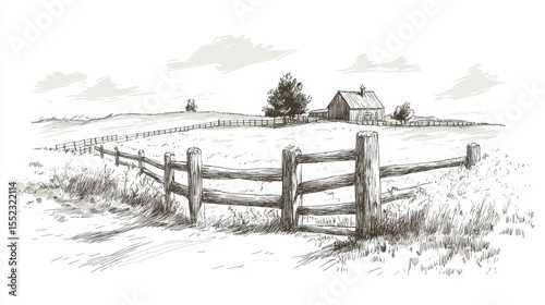 Hand-drawn farm landscape with wooden fence, vintage rustic style, sketch on white background.