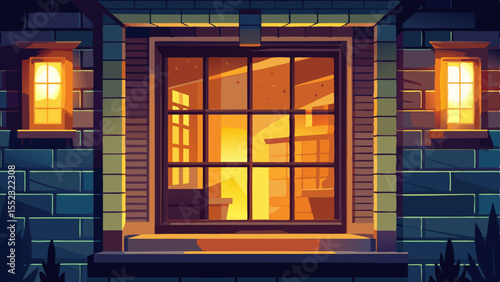 Glowing Window: An inviting square window emits a warm, inviting light, contrasting against the dark exterior, hinting at the cozy ambiance within.