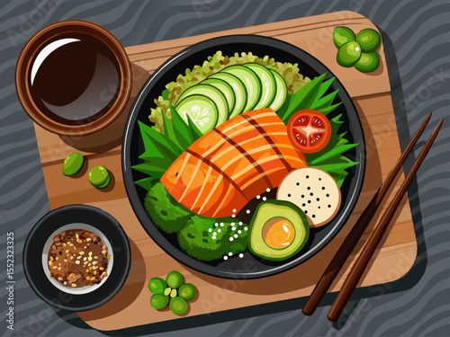 vector of Salmon teriyaki rice bowl with spinach and avocado in a black dish and sauce on the side, a steel knife and fork next to the serving dish on the serving table. view from above