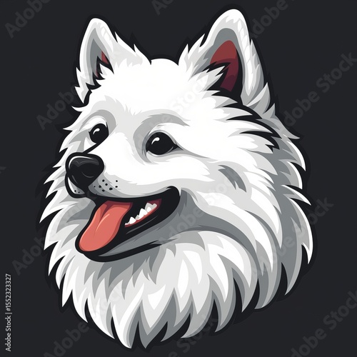 Logo of a happy white spitz dog head with fluffy fur and tongue out on dark background