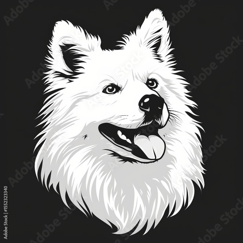 Monochrome  logo of a happy white spitz dog head with tongue out on black background