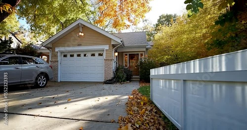 Video of a beige house with a white garage door visible from behind a white picket fence with autumn foliage and a car in the driveway on a sunny day