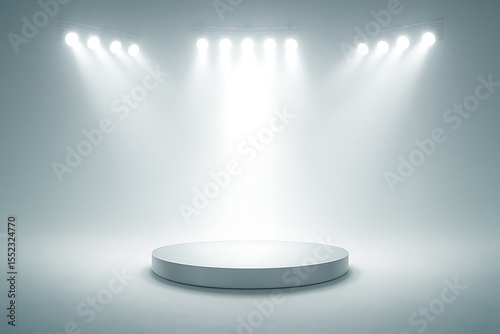 Ethereal spotlighted stage with bright white lighting on a circular podium glowing in a clean minimalist setting ideal for presentations Podium mockup background
