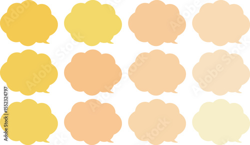 All the bubbles have a distinctive, rounded, cloud-like, or scalloped edge design. This vector image features twelve speech bubbles.　Yellow and orange color.