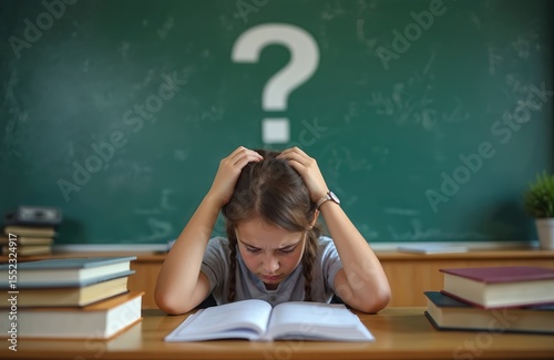Stressed student girl with open book, question mark behind, hands on head. Schoolgirl is in difficult situation, trying to solve test, exam. Education, learning concept.