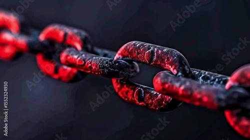Close up of metallic chain with striking red hue, showcasing its rugged texture and strength against dark background.