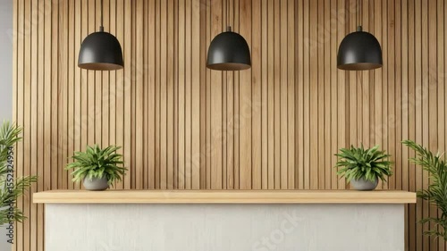 Modern Reception Interior Design Featuring Wooden Elements and Stylish Plants