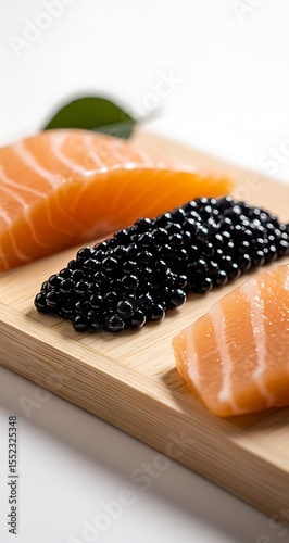 A close-up shot of two wooden boards with one slice each of black caviar and salmon, arranged on the left side of an empty white table surface.