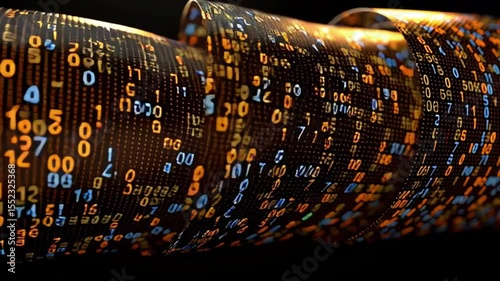 Abstract digital data stream with glowing binary code and vibrant patterns creating mesmerizing technology effect.