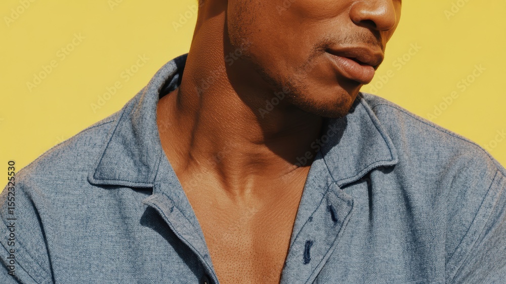 Fototapeta premium Confident young african male in denim shirt on vibrant yellow background