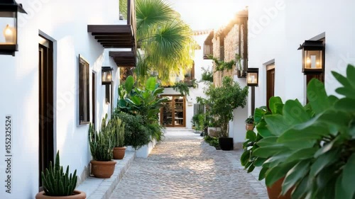 Charming cobblestone pathway surrounded by lush greenery and elegant buildings under serene sunlight