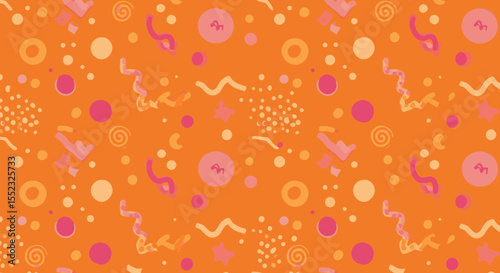 Playful orange background featuring whimsical shapes, circles, swirls and more