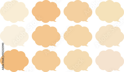 All the bubbles have a distinctive, rounded, cloud-like, or scalloped edge design. This vector image features twelve speech bubbles.　Yellow and orange color.