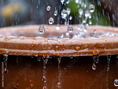 Close-up macro photograph of water droplets suspended above a textured terracotta clay container rim with ripples and reflections, outdoors over a blurred green foliage background