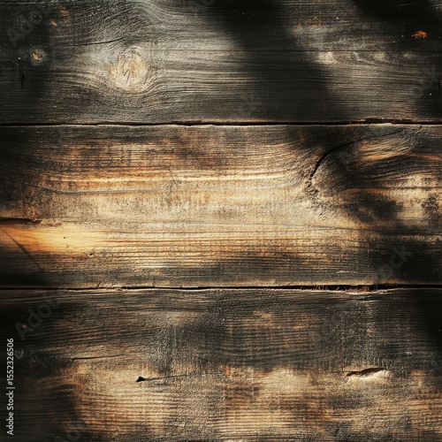 Close-up of aged rustic wooden planks with rich texture, prominent grain, knots, cracks and deep shadows showcasing warm earthy tones and weathered surface ideal for background design