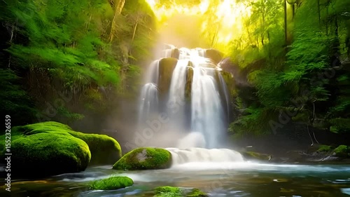 Flowing waterfall cascading over mossy rocks in lush green forest natural scenery