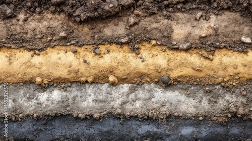 Close-up of Earth Soil Layers Showing Stratification in Natural Tones, Textured Geological Cross-section with Varied Colors and Materials, Revealing Sediment Composition and Soil
