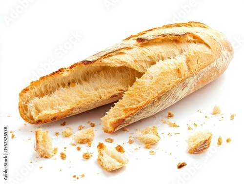 Close-Up of Halved Whole Wheat Bread Slice with Crusty Exterior and Fluffy Porous Interior, Scattered Crumbs on White Background, Ideal for Food Photography, Bakery Display and