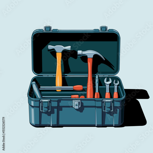 Minimalistic toolbox design with hammers and tools on light blue background