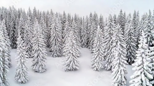 Snowy winter landscape featuring tall evergreen trees in serene forest covered with snow.