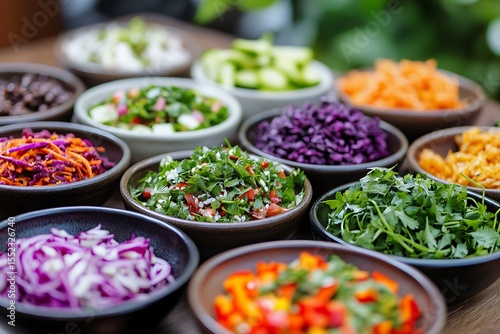 A collection of small bowls filled with colorful salads showcases the diversity and creativity of food presentation at any event or dinner party.