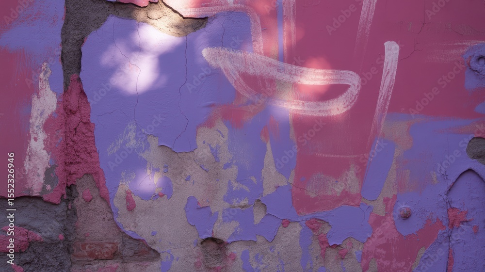 Fototapeta premium Colorful abstract peeling wall with pink and purple graffiti