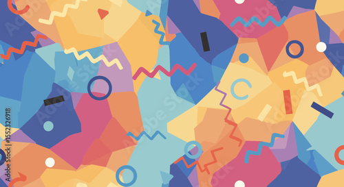 Vibrant Retro Geometric Pattern with Polygons, Circles, and Zigzag Lines
