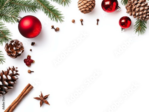 Festive Flat Lay Image of Bright Red Christmas Ornaments Baubles with Reflective Surfaces, Pine Cones Dusty with Snow, Cinnamon Sticks, Star Anise, Cloves, Green Pine Needles and