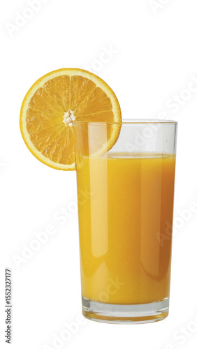 orange juice in glass with orange slice on white, orange juice drink with citrus garnish, orange juice vitamin c healthy beverage
